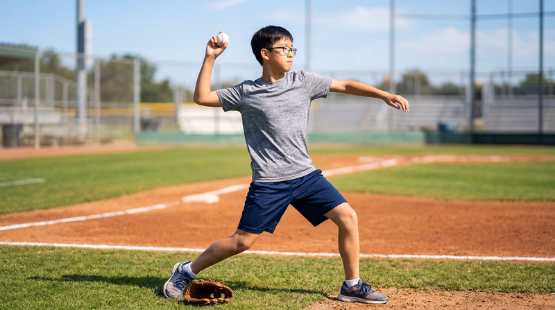 A Scout mid-throw on a baseball field, showing proper overhand throwing mechanics with the arm in the L-shape position