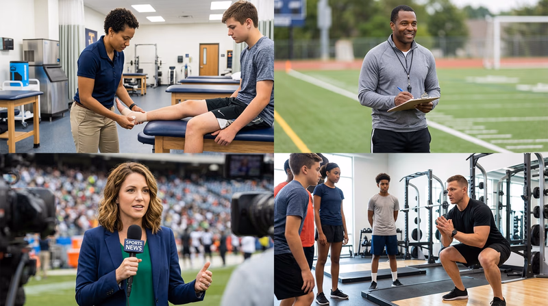 A collage showing four athletics careers: an athletic trainer taping an athlete's ankle, a coach with a clipboard on a field, a sports journalist with a microphone, and a strength coach demonstrating an exercise