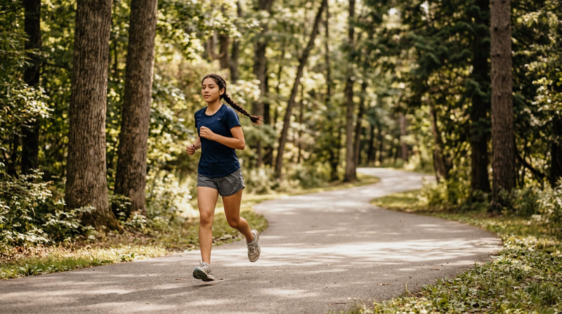 A Scout running on a tree-lined path during a distance run, with a relaxed stride and calm expression