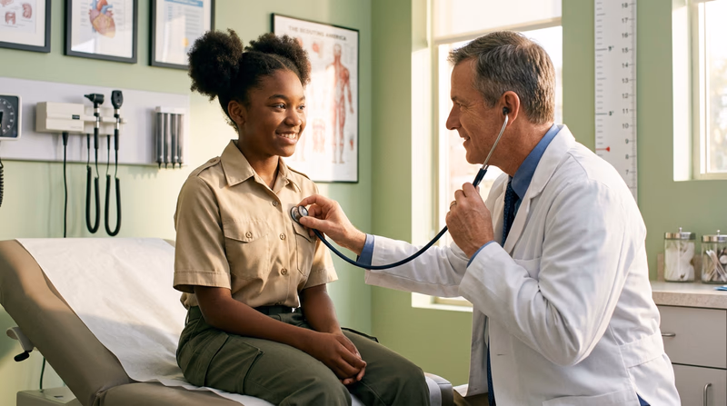 A young athlete sitting on an exam table in a doctor's office, with the doctor listening to their heart with a stethoscope, both smiling