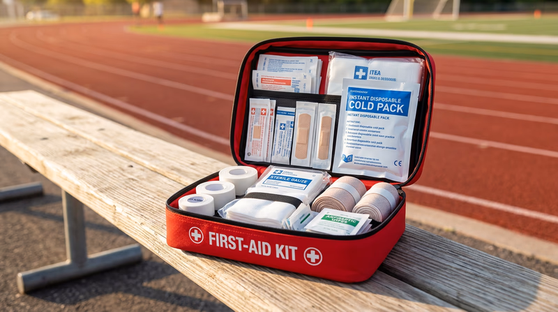 A first-aid kit open on a bench next to an athletics track, showing bandages, tape, and an ice pack