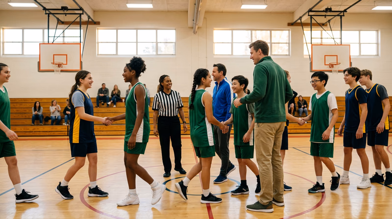 Two teams of young athletes shaking hands in a line after a basketball game, with coaches and referees nearby