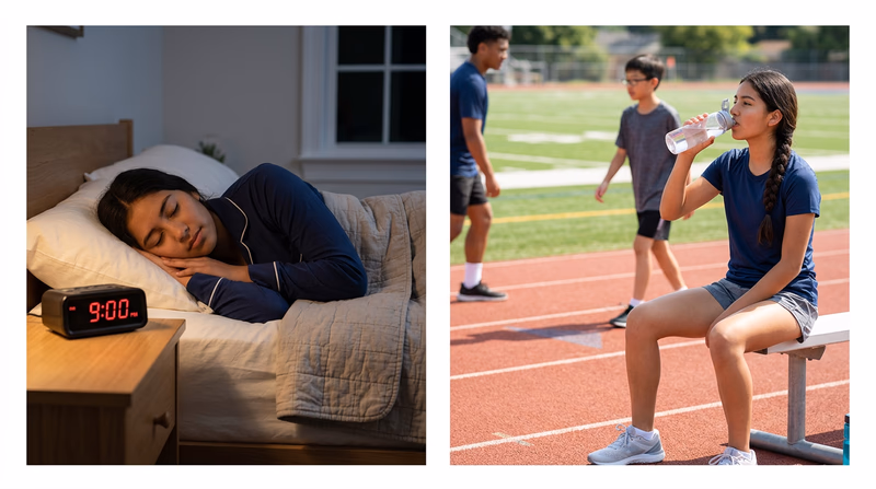 A split image showing a Scout sleeping peacefully at night on one side, and the same Scout drinking water from a bottle during outdoor training on the other side