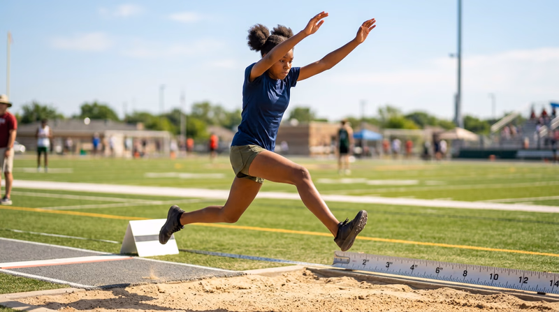 A Scout in mid-air during a running long jump, legs extended forward over a sand pit, with the takeoff board visible behind them