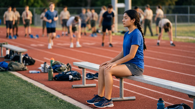 A Scout sitting quietly on a bench before a track event, eyes closed in focused visualization, with the track and competitors warming up in the background