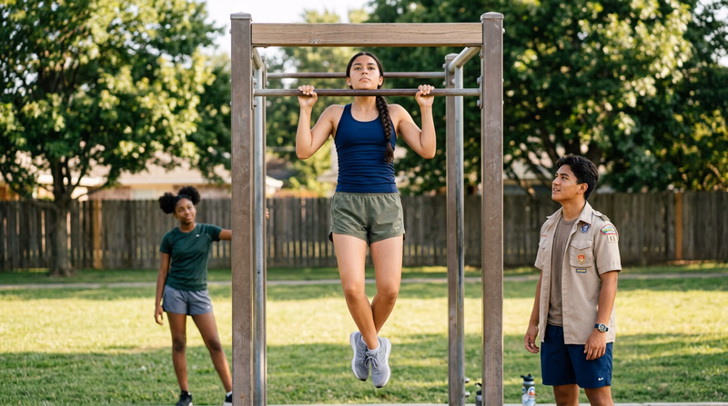A Scout performing a pull-up on an outdoor pull-up bar with proper form, arms fully extended at the bottom and chin over the bar at the top