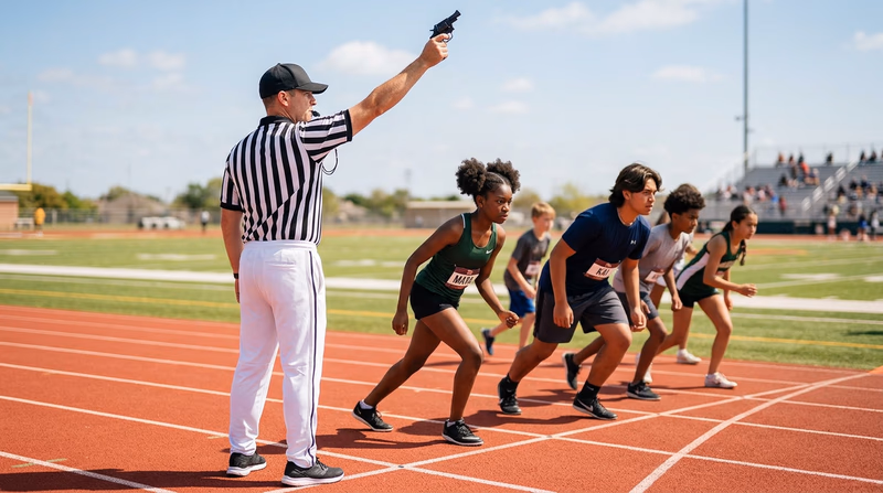 A referee on an athletics track making an official hand signal, with runners at the starting line in the background