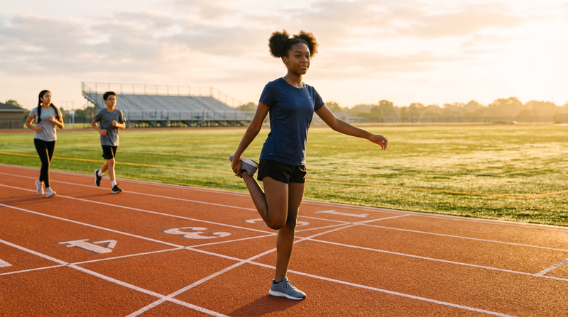 A Scout standing on an outdoor athletics track at sunrise, stretching and preparing for a workout, with a field and bleachers in the background