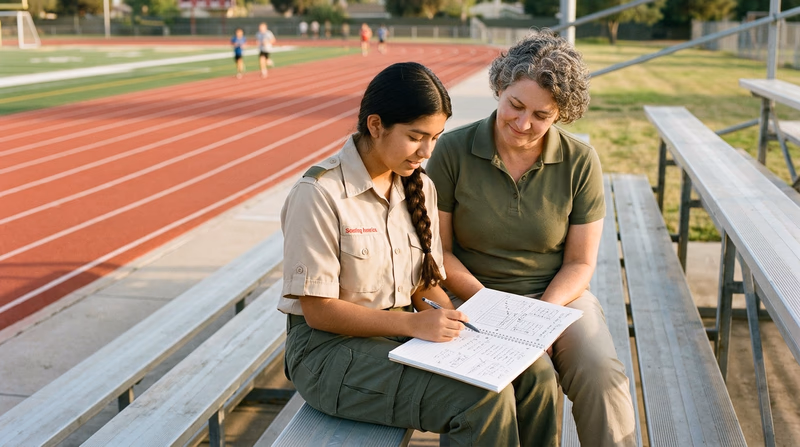 A Scout sitting on bleachers reviewing a training log notebook with a counselor, with a track visible in the background