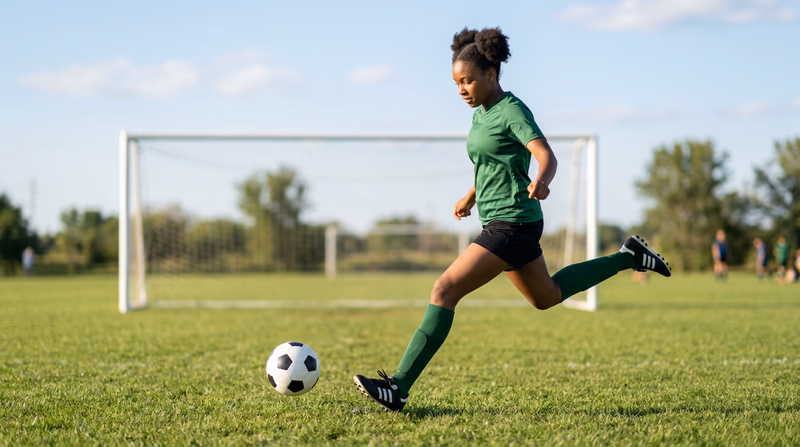 A Scout mid-kick on a soccer field, striking the ball with proper instep form, with a goal visible in the background