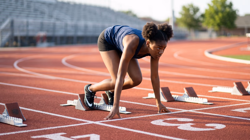 A Scout in the set position in starting blocks on a track, focused and ready to explode into a sprint