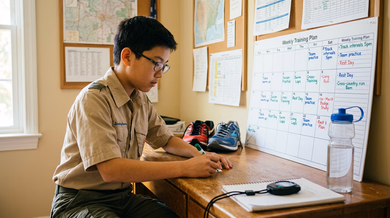A Scout sitting at a desk writing out a training plan on a calendar, with running shoes and a water bottle nearby