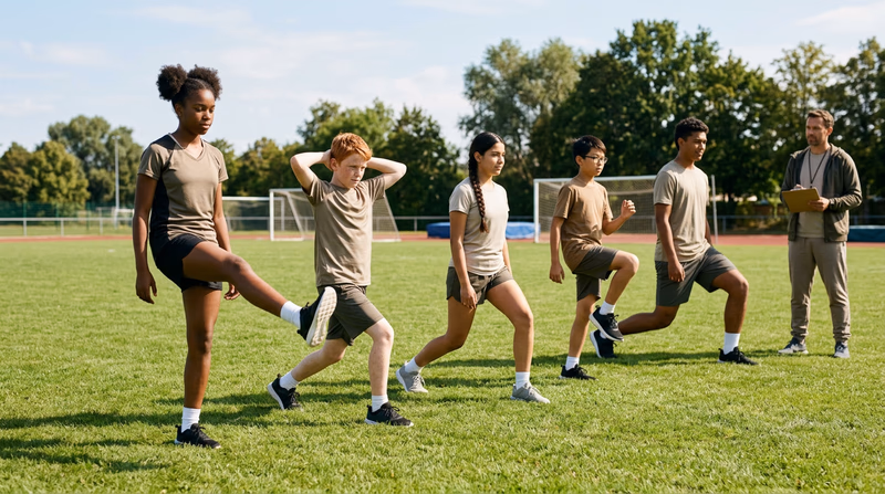 A group of Scouts on a grass field doing dynamic stretches together before practice, with a coach standing nearby