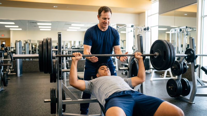 A Scout performing a bench press with a spotter standing behind the bench, both in a well-lit gym with proper form clearly visible