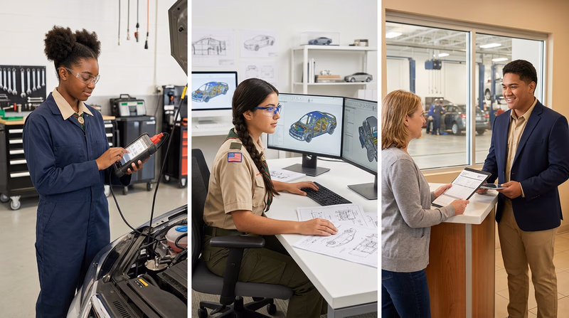 A collage showing different automotive career paths: a technician using a diagnostic scanner on a car, an engineer reviewing vehicle designs on a computer screen, and a service advisor talking with a customer at a dealership service desk