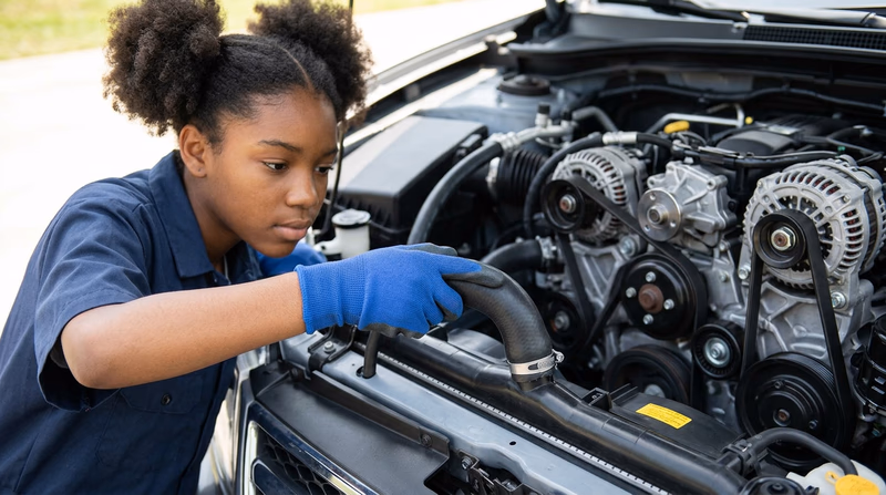 A gloved hand squeezing a radiator hose to check its condition, with the serpentine belt and pulleys visible in the background of the engine bay
