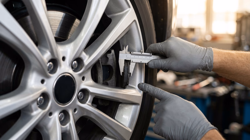 A gloved hand pointing to a brake pad visible through the wheel spokes of a vehicle, with a ruler or caliper showing the pad thickness measurement