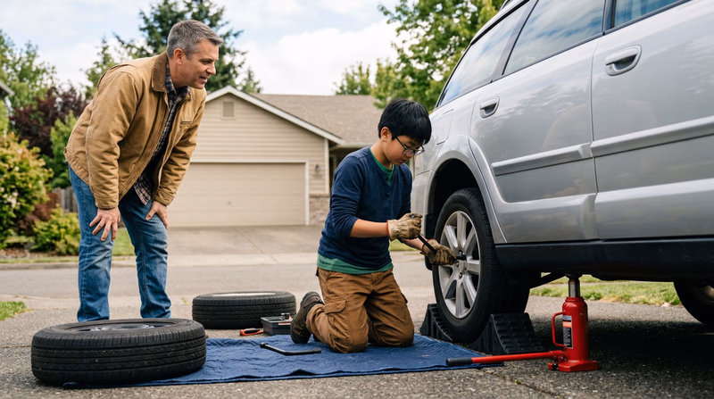 A Scout kneeling beside a vehicle on jack stands, removing a wheel with a lug wrench while an adult mentor watches, on a flat driveway surface with wheel chocks visible