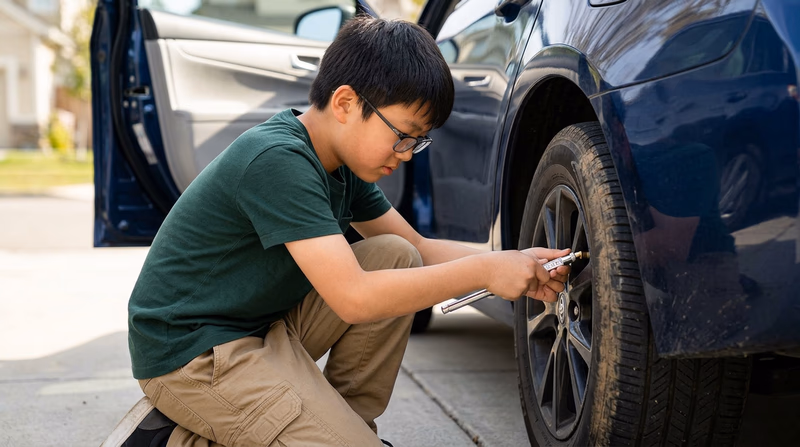 A Scout kneeling beside a vehicle tire, pressing a tire pressure gauge onto the valve stem with the door jamb sticker visible in the background