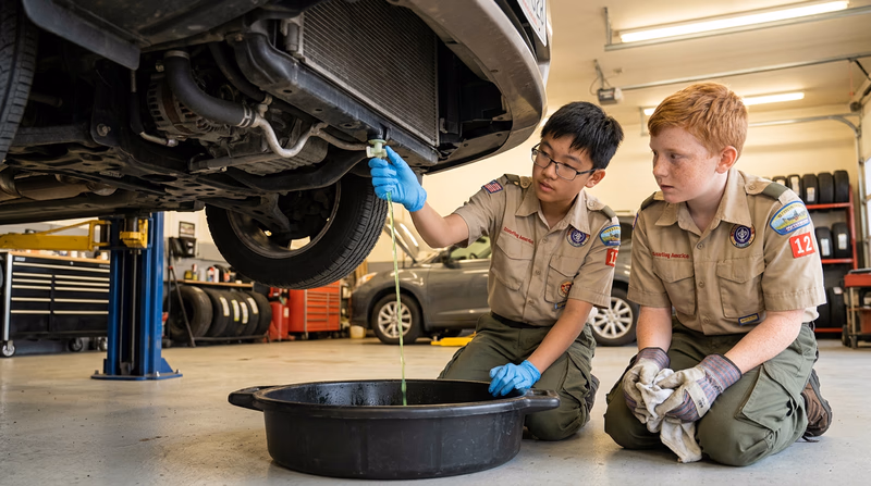 A drain pan catching old greenish coolant from a radiator petcock, with a gloved hand operating the valve and the underside of the vehicle visible above