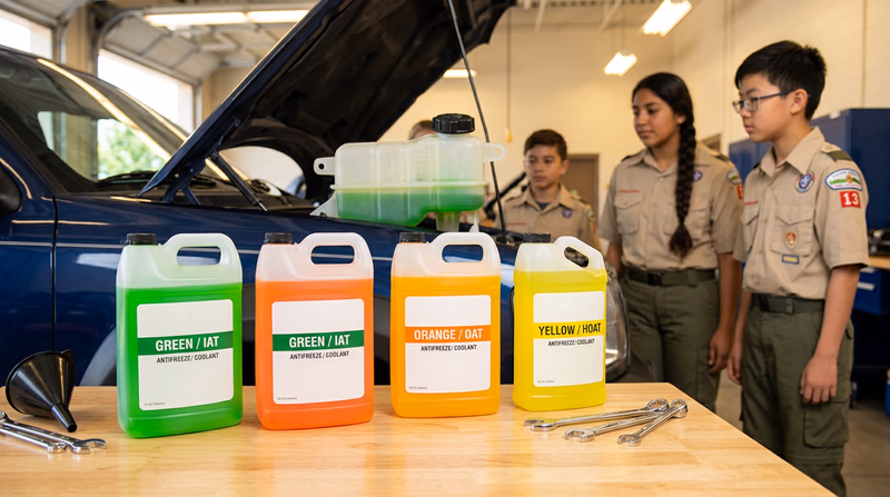 Three different bottles of antifreeze/coolant (green, orange, and yellow) sitting on a workbench next to a vehicle with an open hood, showing the coolant reservoir