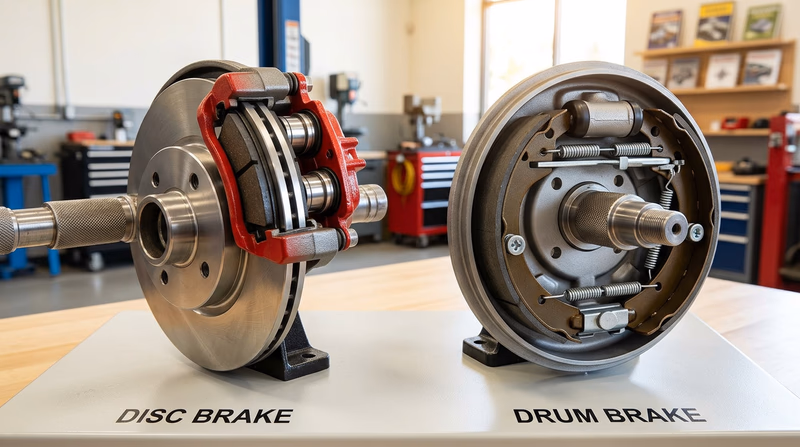 A side-by-side comparison showing a cutaway of a disc brake system (rotor, caliper, and brake pad) on the left and a drum brake system (drum, brake shoes, and wheel cylinder) on the right, with key parts labeled