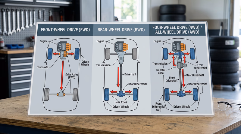 A three-panel top-down diagram showing FWD (front wheels shaded, power arrows pointing to front), RWD (rear wheels shaded, drive shaft visible), and 4WD/AWD (all four wheels shaded, transfer case visible) with labels for each configuration