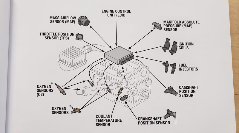 A diagram showing the ECU at the center with lines connecting to various sensors around the engine: MAF sensor, throttle position sensor, O2 sensors, coolant temperature sensor, and fuel injectors