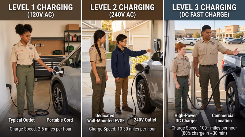 A three-panel illustration showing the three levels of EV charging: a car plugged into a regular household outlet (Level 1), a car connected to a wall-mounted home charger (Level 2), and a car at a commercial DC fast charging station (Level 3)