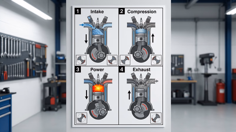 A four-panel diagram showing the four strokes of an internal combustion engine: intake (piston moving down with air-fuel entering), compression (piston moving up), power (explosion pushing piston down), and exhaust (piston pushing gases out)