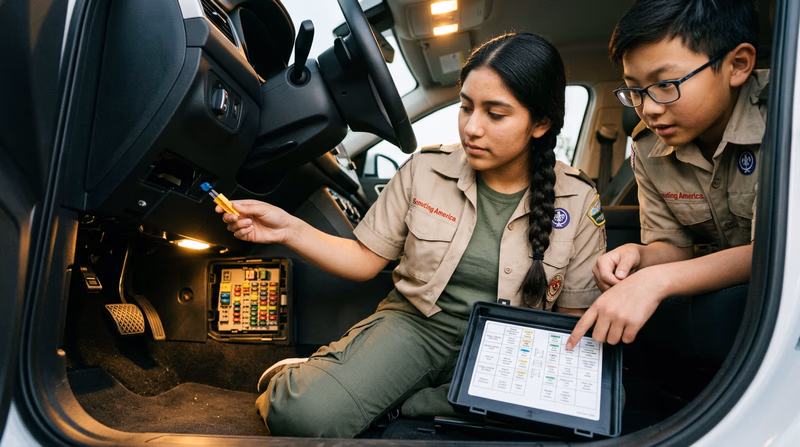 A Scout using a fuse puller to remove a blade fuse from a vehicle's interior fuse box, with the fuse box diagram visible on the inside of the cover panel