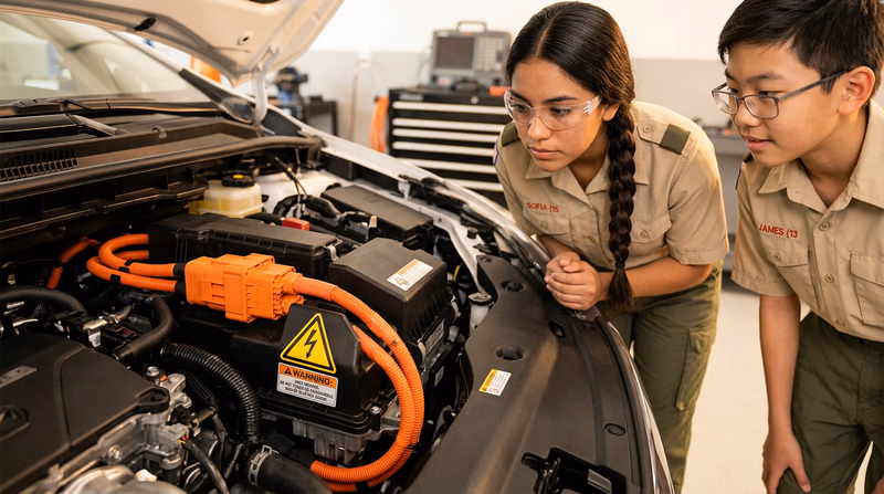 Close-up of an orange high-voltage cable and connector under the hood of a hybrid vehicle, with a high-voltage warning sticker clearly visible