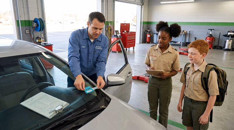 A mechanic applying an inspection sticker to the windshield of a vehicle inside a service station, with the inspection report visible on a clipboard nearby