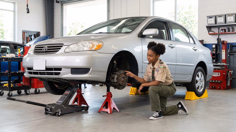 A car properly supported on jack stands on a flat concrete surface, with wheel chocks visible on the rear tires and a hydraulic floor jack set to the side