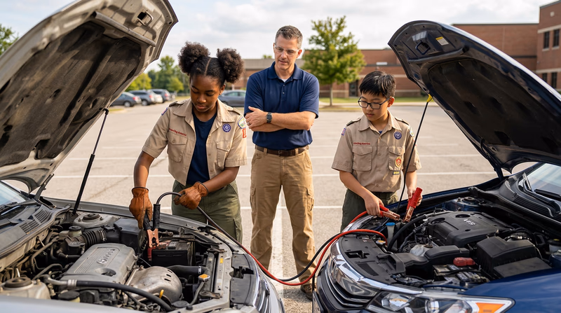Two Scouts jump-starting a car in a parking lot, one connecting the jumper cable to the engine block while an adult supervises nearby