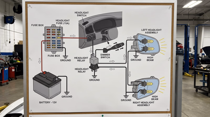 A labeled diagram of a vehicle lighting system showing the battery, fuse box, headlight switch, headlight relay, dimmer switch, and headlight assemblies connected by wiring