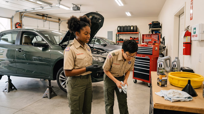 A clean, organized home garage with a car on jack stands, a tool chest, and maintenance supplies neatly arranged on a workbench
