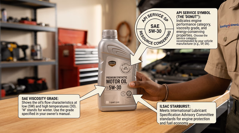 Close-up of an engine oil bottle showing the API donut certification mark and the SAE viscosity grade label, with callout arrows explaining each part