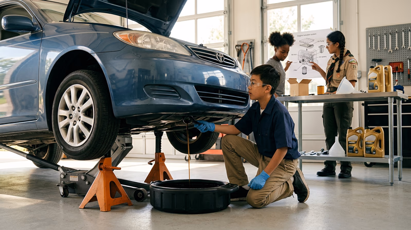 A Scout in work clothes draining used oil from a vehicle into a drain pan, with a new oil filter and bottles of fresh oil visible on the workbench nearby