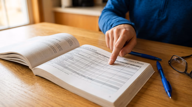 An open vehicle owner's manual on a table showing a maintenance schedule chart, with a Scout's hand pointing at a specific service interval
