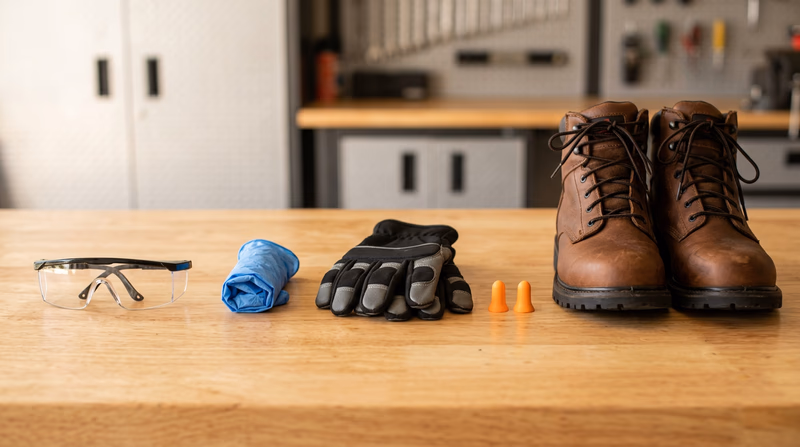 Safety equipment laid out neatly on a workbench: safety glasses, nitrile gloves, mechanic's gloves, ear plugs, and steel-toe boots