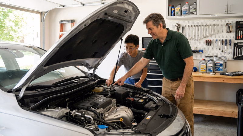 A Scout in clean work clothes looking under the open hood of a car in a well-lit garage, with an adult mentor standing nearby pointing at the engine