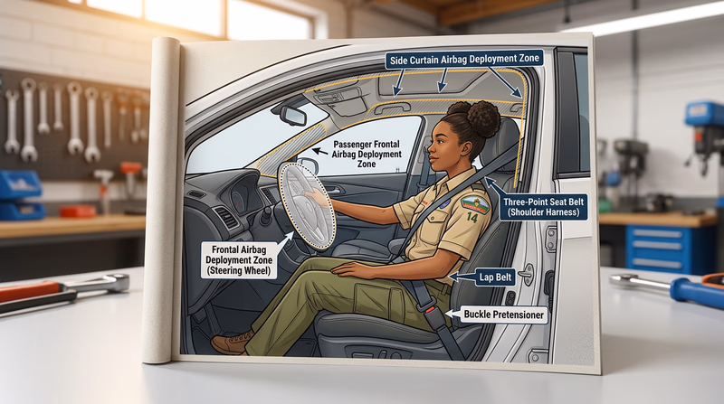 A clear diagram showing a vehicle's interior safety systems: three-point seat belt properly positioned on a crash-test dummy, with frontal and side airbag deployment zones highlighted