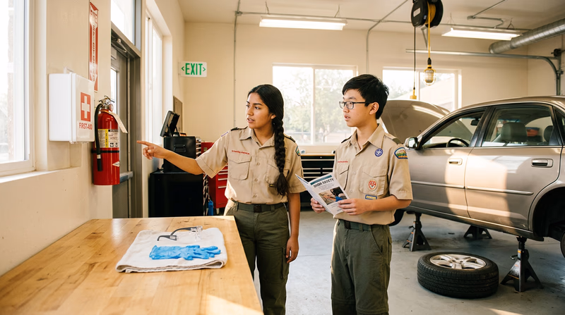 A well-organized garage workspace with safety equipment visible: fire extinguisher on wall, jack stands under a car, safety glasses and gloves on a workbench, and a clearly marked first-aid kit