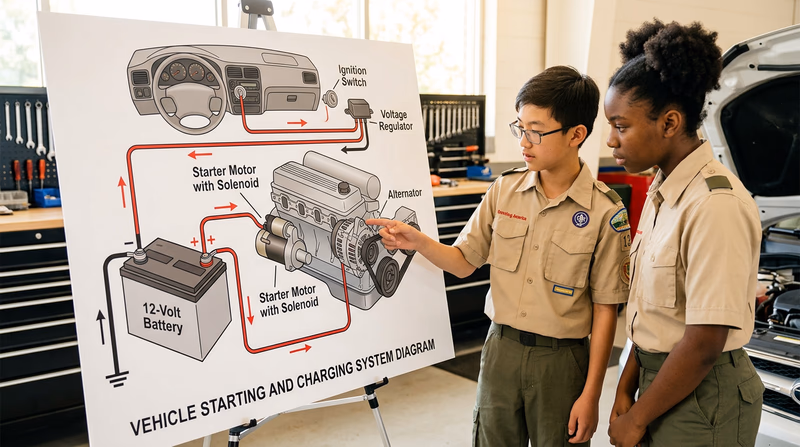 A clean, labeled diagram of a vehicle's starting and charging system showing the battery, starter motor with solenoid, alternator, ignition switch, and voltage regulator connected by color-coded wires