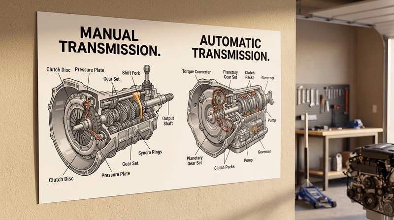 Side-by-side comparison showing a cutaway of a manual transmission (with visible gear sets and shift fork) and an automatic transmission (with torque converter and planetary gears visible)