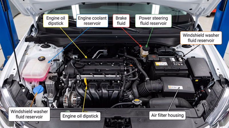 A labeled under-hood diagram of a typical car engine bay showing the locations of the oil dipstick, coolant reservoir, brake fluid reservoir, power steering reservoir, windshield washer fluid, and battery