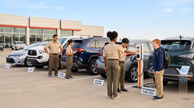Five vehicles side by side in a dealership lot: a gasoline sedan, a diesel pickup truck, a hybrid SUV, a battery electric car at a charging station, and a hydrogen fuel cell vehicle — all clearly labeled