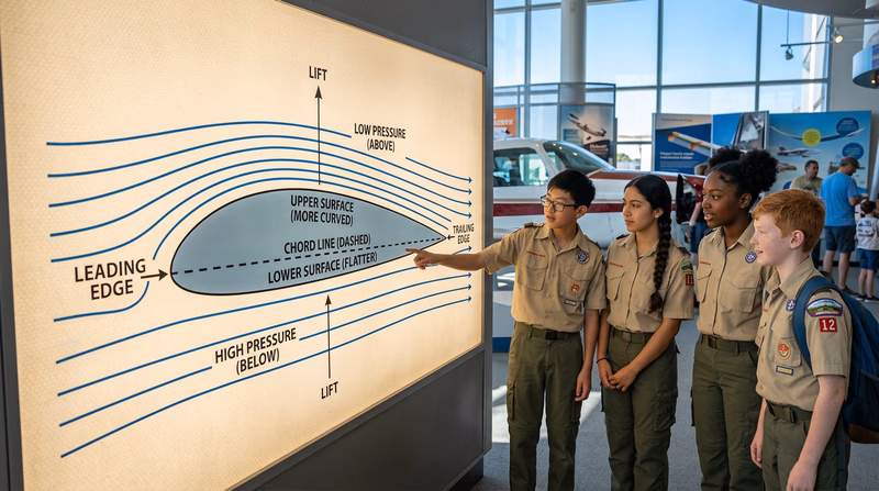 A clean cross-section diagram of an airfoil showing the curved upper surface and flatter lower surface, with the leading edge on the left and trailing edge on the right, and airflow lines illustrated going over and under the shape