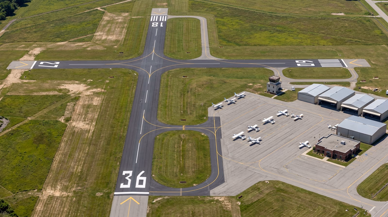 An aerial view of a small general aviation airport showing two intersecting runways with visible numbers painted on the pavement, taxiways, hangars, and parked aircraft